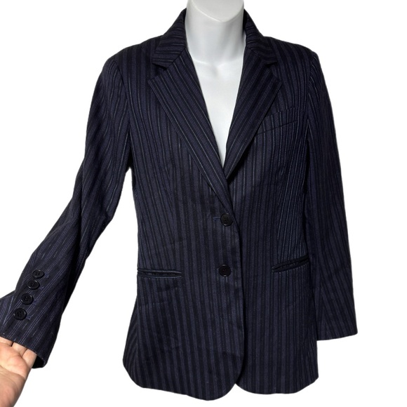 Theory Rory Navy Blue Stripe Two Button Wool Blend Blazer Size 2 Structured - Picture 2 of 8